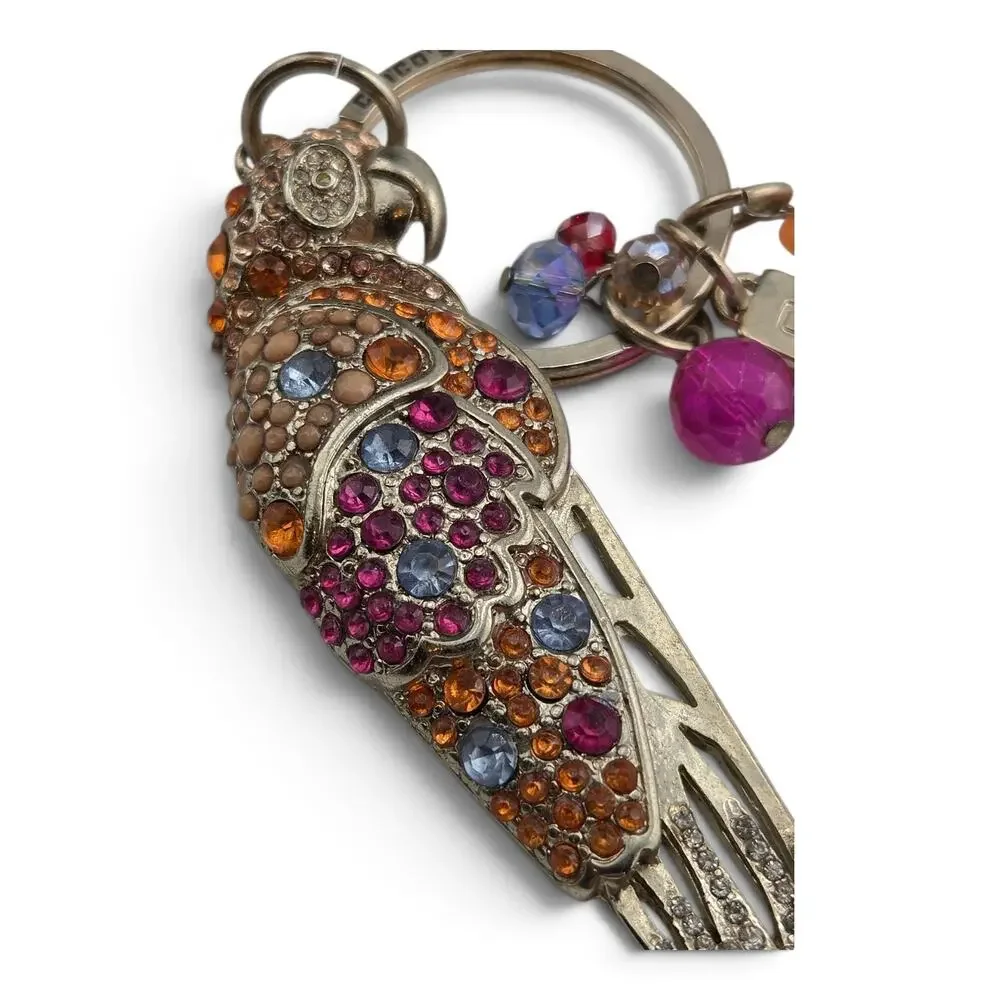 Chico's Parrot Key Ring Rhinestone Bird Beaded Charm Keychain Signed